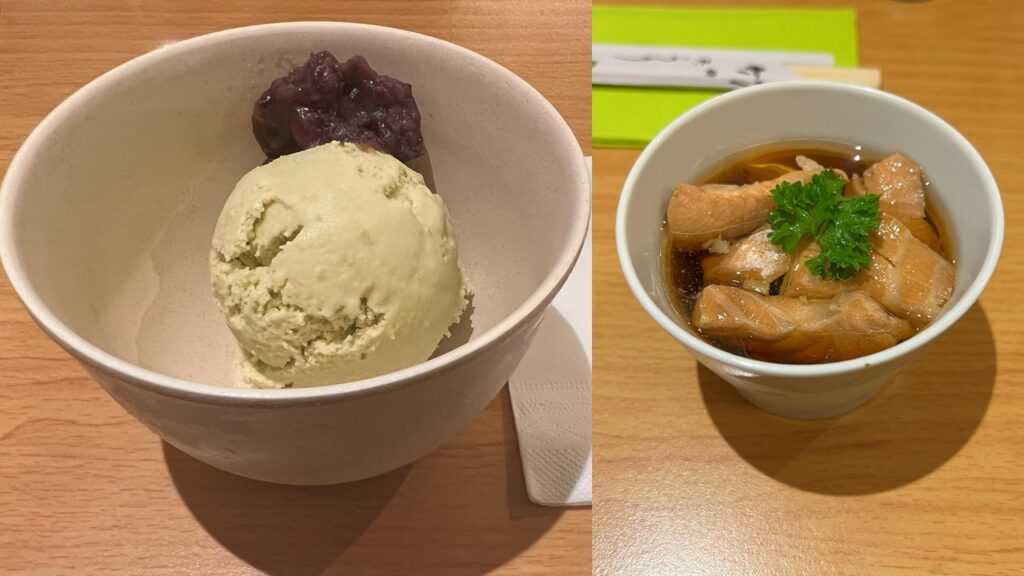 (左)冰淇淋+紅豆泥、(右)甜醬油醃漬鮭魚